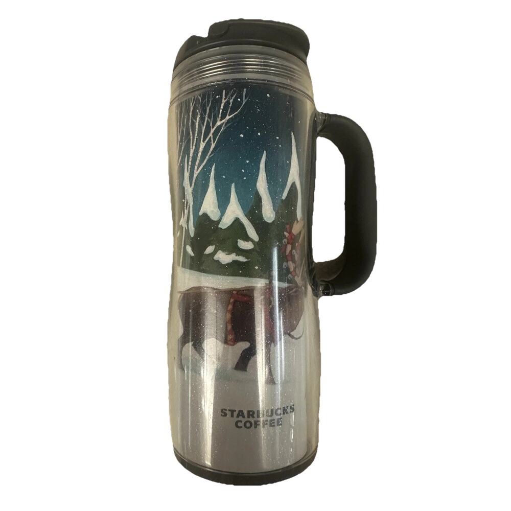 Starbucks Holiday Travel Tumbler Reindeer Winter Scene Handle Double Wall 16oz